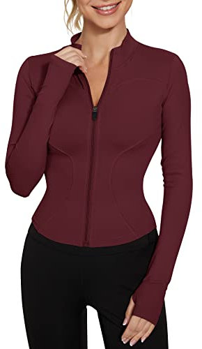 IECCP T-Shirt Damen Gym Top Sport Oberteil Yoga Langarm Crop Top Sportshirt Leicht Fitness Oberteil mit Halbem Reißverschluss und Daumenloch Weinrot XL