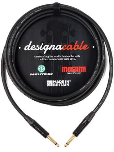 designacable.com 1m - Low Capacitance Black Straight Jack Guitar Cable - Handmade in the UK using Mogami Ultimate 3368 Guitar Cable & Neutrik NP2X-B Jacks.