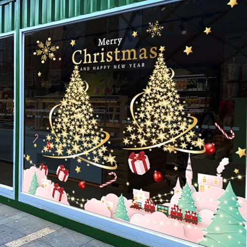 AWAVM Paquete de 2 calcomanías para ventana de árbol de Navidad, calcomanías doradas para ventana de árbol de Navidad, calcomanías estáticas extra grandes para ventanas de Navidad, calcomanías