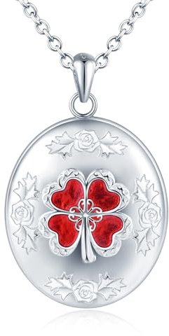 CPSLOVE Damen Fotos Halskettes Medaillons Rot Vierblättriges Kleeblatt 925 Silber Ketten Vintage Ovaler Öffnen Anhänger Mädchen Personalisierte Photo Openable Anhänger Fashion Schmuck
