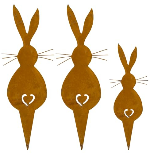 DBALL Osterhasen Gartendeko für Draußen 3er Set Rost Gartenstecker Vintage Osterdeko Outdoor Kaninchen-Silhouette Osterdeko für Draußen Ostern Deko für Garten Kränze Dekoration