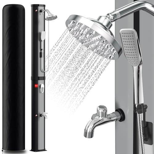 Joparri Douche Solaire avec douchette 60 l avec Capot de Protection et pommeau de Douche à 360 °, température réglable jusqu'à 60 °C, Pression d'eau 50 psi, Douche extérieure, Noir Argent