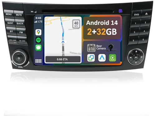 CADLEY Android 14 Autoradio für Mercedes-Benz W211 E-Class/CLS Class W219-mit Wireless Apple CarPlay|Android Auto|Mirror Link|GPS Navigation|Bluetooth 5.0|WiFi |USB|Navi|FM+Rückfahrkamera