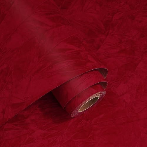 Decotalk Papier Peint Velours Rouge Foncé 40X500cm Papier Peint Adhesif Rouge Autocollant Mural Imperméable pour Meuble Tissu Velours Floqué Rouleau Adhesif Decoratif Boîte à Jeweley Doublure Tiroir