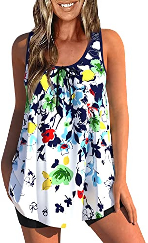 Maillots Deux Pièces Femme Shorty Tankini Taille Haute Ronde Ensemble Maillot De Bain Grande Taille Amincissant avec Armature Bikini D'été Pas Cher Marque Beachwear(Blanc,XXL)