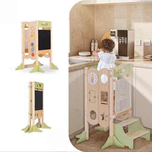 JOYTRY Torre para niños pequeños con escalera extraíble, taburete plegable de madera para niños, torre de pie con equipo de seguridad y tablero negro