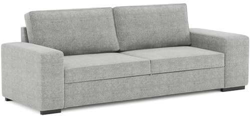 BUDWING Avery Sofá Cama 3 Plazas + 2 Pufs – Sistema de Cama Integrado, Cojines Sueltos – Tejido 100% Poliéster – Estilo Moderno – 248x117x90 cm – Gris
