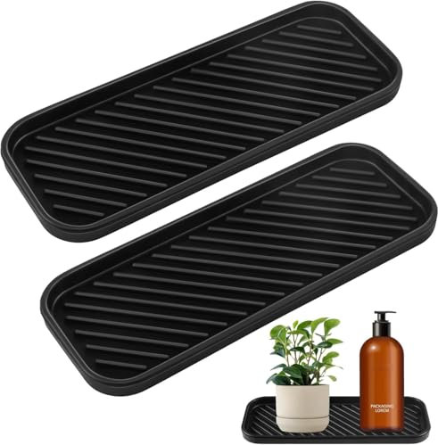 YUNYU Lot de 2 plateaux en silicone résistant à la chaleur – Égouttoirs à vaisselle épais antidérapants pour plan de travail de cuisine, tapis de séchage et organisateur avec bandes antidérapantes