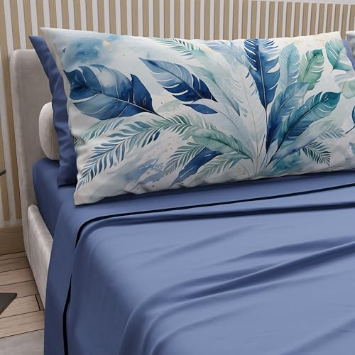 Petti Artigiani Italiani Bettwäsche aus Baumwolle, für Doppelbett, mit Kissenbezügen und Spannbettlaken, 160 x 200 cm, Motiv Blaue Palme, 100% hergestellt in Italien