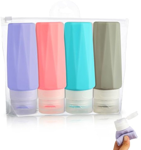 Elalove Kit Voyage Avion, 4 Flacons de Voyage Silicone Souple avec Sac EVA Blanc [Rechargeables & Anti-Fuite] - Trousse de Toilette pour Shampoing, Crème et Produits de Toilette