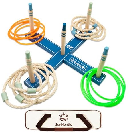 SunNordic Ringwurfspiel-Set aus Holz, Strandspiel für Kinder, Erwachsene und die ganze Familie, inklusive Wurfringen und Tragetasche. Ideal für Rasen und Garten