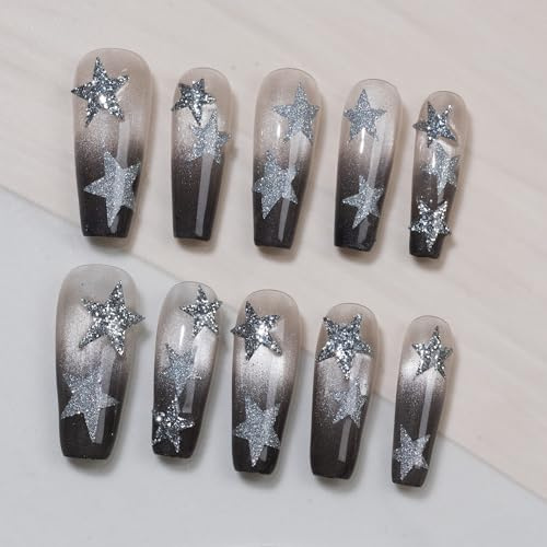 Sun&Beam Nails Handmade Press-On Nails Long Ballerina Gray Black (#263 S) | Handmade 10-piece set with gray black ombré, silver star accents, subtle shimmer, and a glossy finish