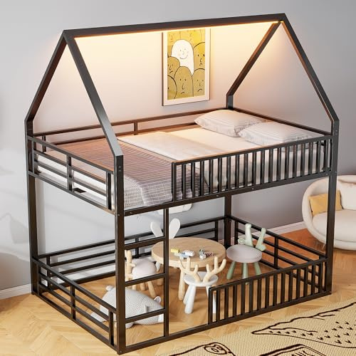 Kinderbett Etagenbett 140x200, Hochbett Hausbett mit LED-Licht & Dach & Leiter, Metallbett mit Rausfallschutz, Doppelbett Bettgestell Jugendbett Stockbett Familienbett Loft Bett, Ohne Matratze,Schwarz