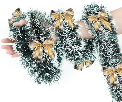 Weihnachtsgirlande, 2 Meter Girlande Weihnachten, Weihnachtsdeko Girlande, mit 6 PCS Schleife, Weihnachten Deko, Künstliche Tannen Girlandes, Geeignet Christmas Garland für Treppe, Kamin (Gold)