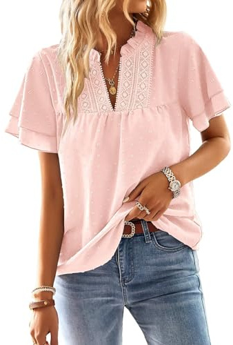 TUUHAW Chemisiers et Blouses Femme à Manches Courtes d'Été Col en V Tunique | Bohème Fluide Chemise, Élégant Lâche Plissé Blouse, Volants Décontracté T Shirt, Uni Hauts, Dentelle Blouse, d'Affaires Top