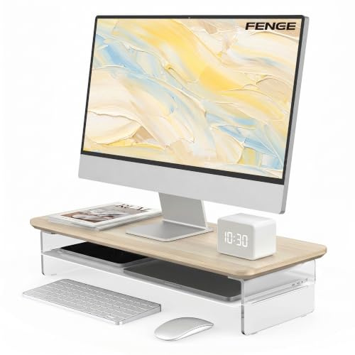 Fenge Support Ecran PC, Acrylique, Ordinateur TV, Chêne, 60cm | Charge 45kg, Design Flottant, Tablette Métal, Bord Surélevé, Pastilles Antidérap., Organiseur, Moniteur Écran Bureau Maison