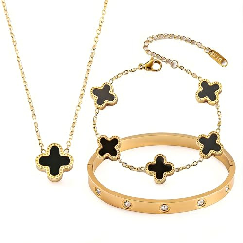 cadelon Women’s 3pcs Four Leaf Clover Jewellery Set: Golden Clover Bracelet, Van Cleef Inspired Bangle & 4 Leaf Clover Necklace for Wedding, Birthday, Daily Wear Gift