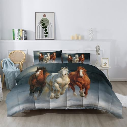 Schnee Strand Pferd Bettdecke 135x200 cm 4 Jahreszeiten, Leichte Warm & Waschbare Ganzjahresdecke ohne Bezug, Tier Wende Weiche Atmungsaktive Steppdecke mit 2 Kissenbezug, Grau