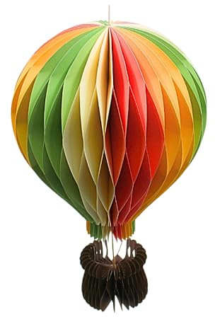 XL Dekoballon, Papierluftballon, Hänger Heißluftballon, Honeycomb Ballon, Gartendeko zum Hängen, Papieranhänger als Heißluftballon mit Korb in bunt, 1 Stück, Größe: L/B/H 19 cm x 19 cm x 31 cm.