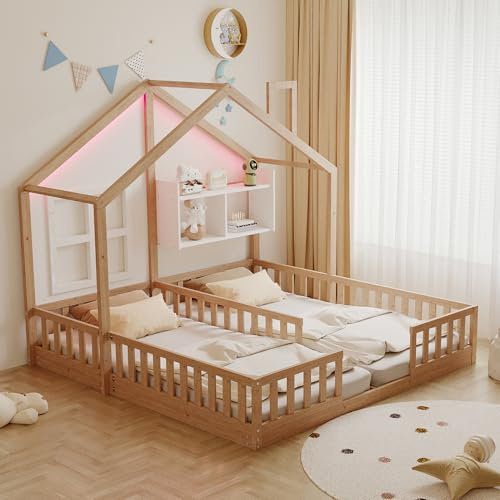 MAMAINI 90×200 cm,Kinderbett Aus Holz,Freistehendes Doppelbett, Hausdesign Mit Fenstern und Schornstein, Mit Beleuchtung, Sicherheitsgeländer und Ablageflächen, komplett Mit Lattenrost, Naturholz