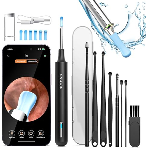 KAUGIC Ear Wax Removal Kit, Ear Cleaner with Camera & 6 PCS Ear Tips | 3 Arc Ear Pick with Storage Case, 1080P Otoscope Compatible for iOS & Android, 6 LED Lights, Ideal for Adults & Children