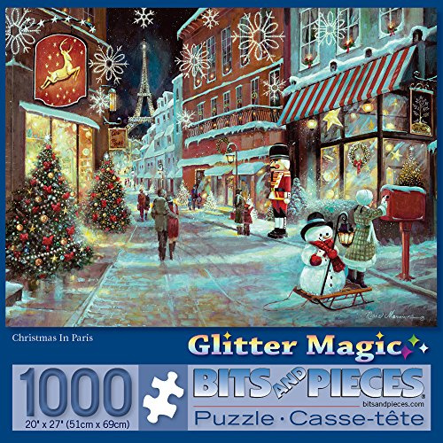 Bits and Pieces - 1000 Piece Glitter Effect Jigsaw Puzzle for Adults 51cm x 69cm - Christmas in Paris - 1000 pc Holiday Winter Snow Eifel Tower Jigsaw by Artist Ruane Manning