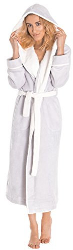 LEVERIE Accappatoio Doccia da Donna, Classico e Morbido/Vestaglia/Accappatoio Spa con Cintura, Tasche e Cappuccio, Griggio/Bianco, Taglia XL