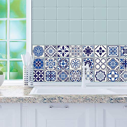 WALPLUS Wall Tile Stickers 10cm 24pcs Spanish and Moroccan Blue DIY Art Home Decor Stick on Tiles Decals Splashback Spring Easter Decoration Ideas Peel and Stick Self Adhesive Backsplash Tile Paint
