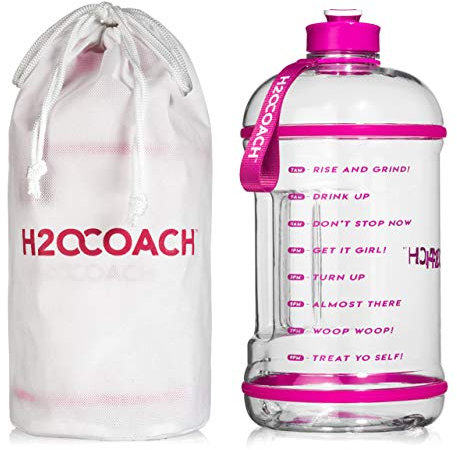 H2OCOACH 1 Gallon Sports Water Bottle with Time Marker | Motivational 3.79 Liters, Reusable BPA Free Jug (128 oz) | Pretty N Pink
