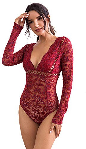 NBBNYJ Body Donna Sexy Estivi Pizzo V Collo Manica Lunga Bodysuit Blusa Camicie Top Tuta Abbigliamento Vino Rosso-S