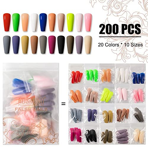 Nägel Zum Aufkleben 20 Farben Matte und Lüster Tips für Gelnägel 200 Stück Künstliche Nägel Zum Aufkleben
