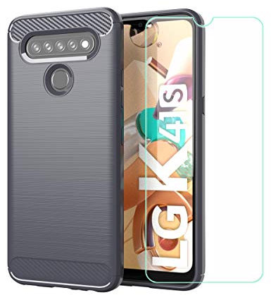 TTJ Hülle für LG K41S + HD Panzerglas, Handyhülle Kohlefaser Schutzhülle Cover TPU Case Handytasche - Panzerglasfolie Schutzfolie für LG K41S (6,5) - Grau
