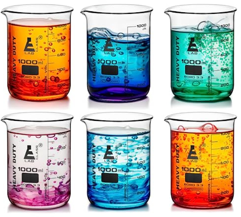 6PK Heavy Duty Beaker, 1000ml - 5mm Thick, Uniform Walls - Superior Durability & Chemical Resistance - White Graduations - Borosilicate 3.3 Glass - Eisco Labs