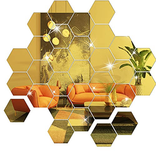 NILDOKI 36 Stück 6cm Sechseck Spiegel Acrylspiegel Spiegel Wandaufkleber Wandaufkleber Dekospiegel für Wohnzimmer, Schlafzimmer, Badezimmer, Küche, Wmkleidekabine(Gold)