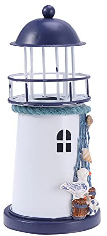 Nautical Lighthouse Metal LED Lighthouse Tealight Mediterranean Style Nautical Lights Ornaments Beach Coastal Decorations for Parties, Beach Events, and Home Decor