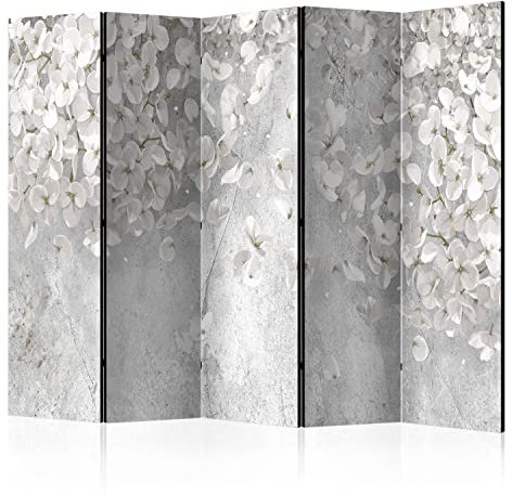 murando - Paravent Raumteiler Innen weiße Blumen 225x172 cm 5-teilig Einseitig Raumtrenner Trennwand Holz Sichtschutz Spanische Wand Raum Abtrennung Natur Pflanzenmotiv Betonoptik grau b-C-10036-z-a