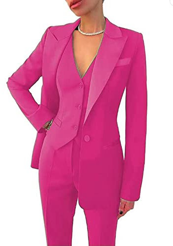 Leader of the Beauty Conjunto de 3 piezas para mujer, traje de trabajo, chaqueta, chaleco, pantalones, negocios, traje de fiesta, fucsia, XS