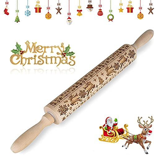 Weihnachten Präge Nudelholz, Weihnachten Geprägt Teigroller mit Muster 3D Holz Nudelhölzer mit Prägung Hirsch DIY Küchenwerkzeug Backzubehör für Keksen Fondant Nudelteig