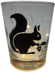 Lichtidee Teelicht Glas Windlicht Tischlicht Print mit Eichhörnchen schwarz Handmade Unikat Ostern Muttertaggeschenk, Höhe 8cm,