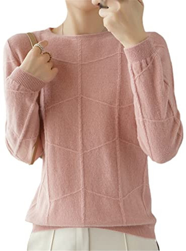 Kelsiop Autunno/Inverno Donna Manica Lunga Maglia Pullover Cashmere Lana Check Pattern Maglione Casual Slim Top, rosa, M