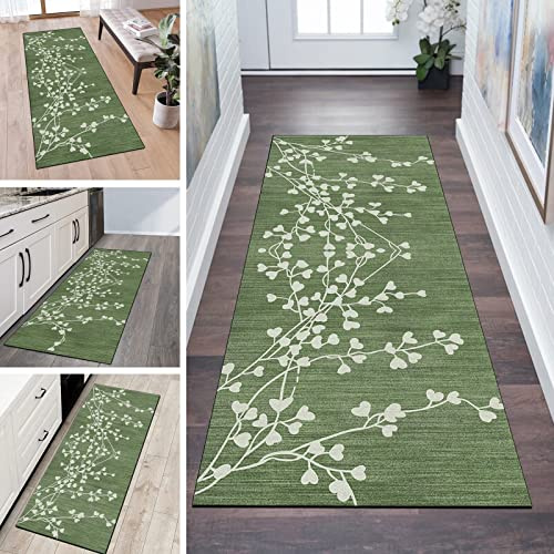 QQrunner Teppichläufer rutschfest Meterware 70x140cm Grün Vintage Blatt Muster Dünner Waschbar Läufer Teppich Flur Schlafzimmer Korridor Küchenläufer Teppich Lang, Anpassbare Größe, 40-120cm Breit