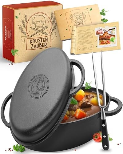 KRUSTENZAUBER Cacerola de hierro fundido con tapa, 35 cm, apta para horno, incluye tenedor de carne, olla de hierro fundido XXL, ideal para horno Kazan, para inducción, sartén de hierro fundido