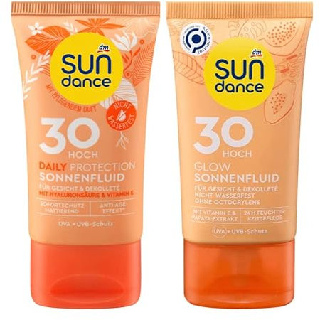 SUNDANCE 2er-Set: Sonnenfluid DAILY PROTECTION mit Hyaluronsäure, LSF 30 (50 ml) + Sonnenfluid GLOW Feuchtigkeitspflege für Gesicht & Dekolleté mit Papaya-Extrakt, LSF 30 (50 ml), 100 ml