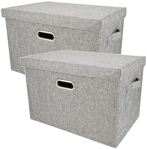 DAJAVE 2 Pcs Storage Boxes With Lids - Large Fabric Baskets for Shelves, Wardrobe Organiser, Foldable Cubes for Clothes, Toys - Grey, 44x29x30 cm