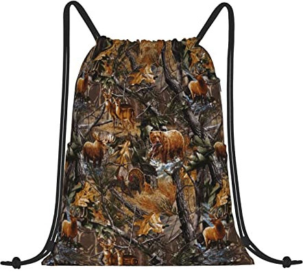 UNIOND Jagd Hirsch Bär Elch Bedruckter Kordelzug Rucksack Wasserdicht Leicht Sport Rucksack mit Reißverschlusstasche für Männer Frauen, Schwarz , One size