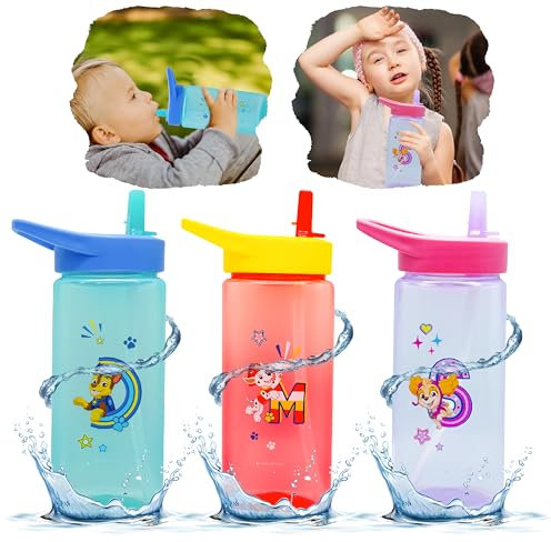 3x Paw Patrol Kids Water Bottles with Detachable Straw, 420ml BPA-Free Plastic Bottle Sports, 16cm Straw Sipper Drinking Bottles for School and Picnic Boys Ages 6+ Months