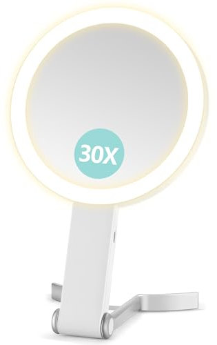 B Beauty Planet Miroir grossissant avec lumière, Miroir grossissant Double Face 30X/1X, Miroir de Maquillage de Voyage avec 3 lumières de Couleur, Miroir de Maquillage Pliable avec Pince à épiler