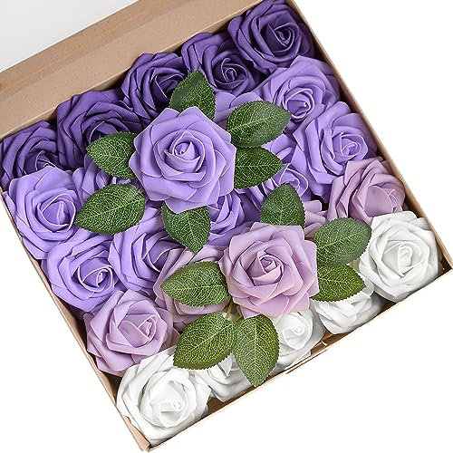 25 Pièces Rose Artificielle, Fleur Artificielle en Mousse au Toucher Réaliste avec Feuille et Tige Ajustable, Fleur Artificielle Deco Mariage, Décoration de Fête (25 Pcs Violet Rêveur)