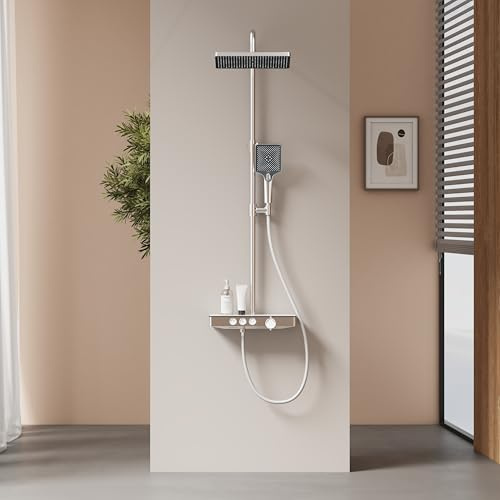 EMKE Colonne de douche thermostat, étagères en verre 36 x 14 cm, douchette, 3 types de jet, douche à effet pluie, bouche de distribution, montage mural, certification KTW, chrome