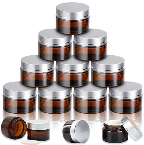 Fanchu 10 Stück Creme Behälter, Amber Glas Leer Cremetiegel, 30ml Cremedosen zum Befüllen Glasbehälter mit Deckel und Liner für Kosmetik Cremes Lotionen ätherische Öle